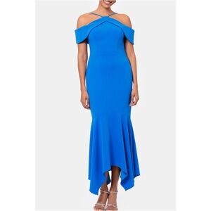 XSCAPE Evenings Cold Shoulder Handkerchief Hem Scuba Crepe Gown Blue 6296X